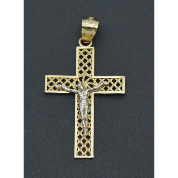 Real Solid 10K Yellow White Gold Shiny Jesus Cross Diamond Cut Pendant 1.3gr - Picture 1 of 6